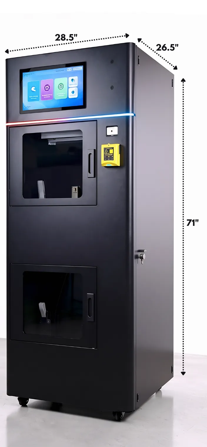 Freshtrax shoe sanitization machine dimensions: 28.5 inches wide, 26.5 inches deep, 71 inches tall, on casters